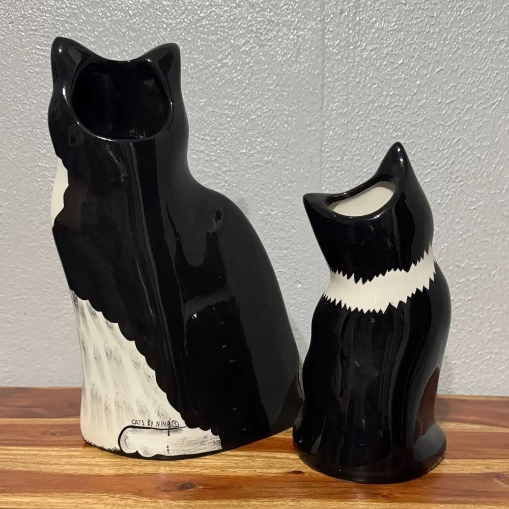 Ceramic Black White Tuxedo Cat Flower Vase by Cats By Nina Lyman Artist Decor